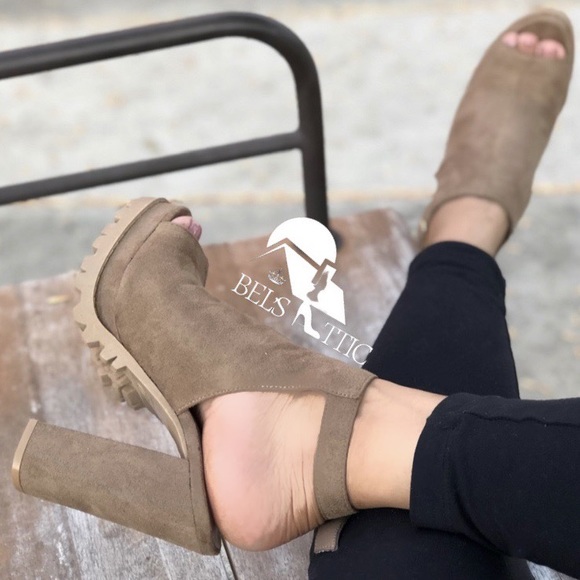 Shoes - Peep Toe Platform Chunky Lug Sole Heels